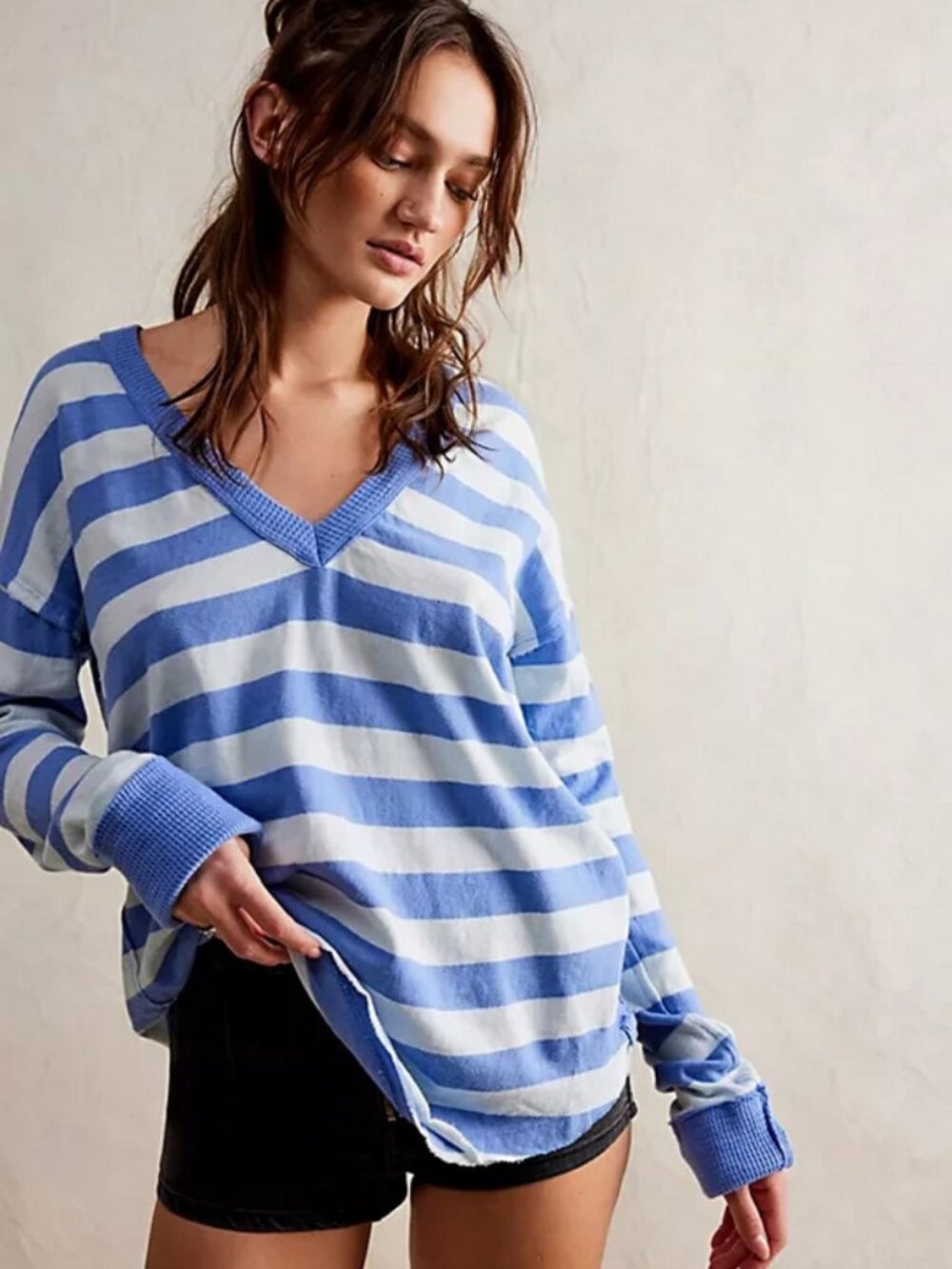 Free People We The Free Sail Away V Neck Long Sleeve Henley Striped Top S